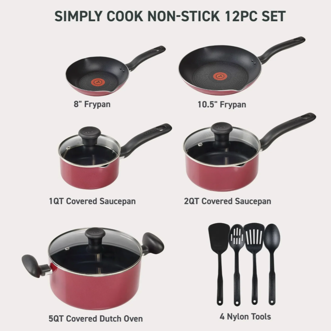 T-Fal 12pc Simply Cook Nonstick Cookware Set Red: Aluminum, Ergonomic Handles, Tempered Glass Lids, Oven-Safe to 350°F