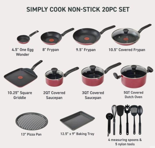 T-Fal 20-Piece Simply Cook Nonstick Cookware Set with Lids